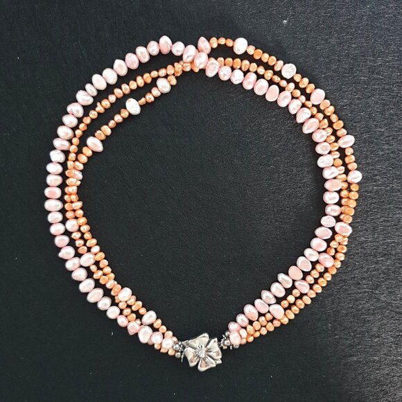 Vintage Sterling Silver 3-Strand Pink & Orange Pearl Necklace with Flower Clasp - Picture 13 of 14
